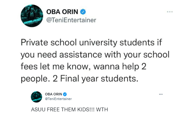 Singer Teni offers to pay the fees of two final year students in a private university