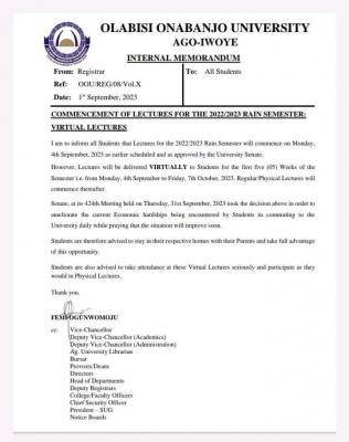 OOU notice on commencement of virtual lectures for rain semester, 2022/2023