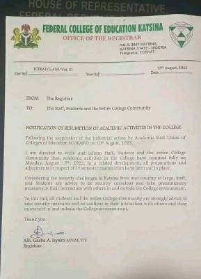 FCE Katsina notice on resumption of academic activities