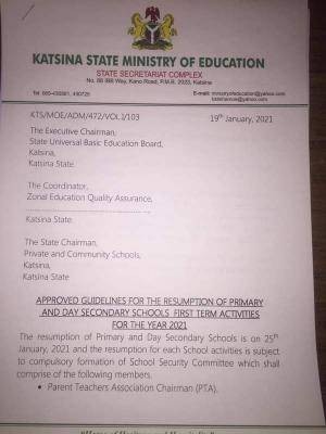 Katsina State guidelines for the resumption of primary and day secondary schools