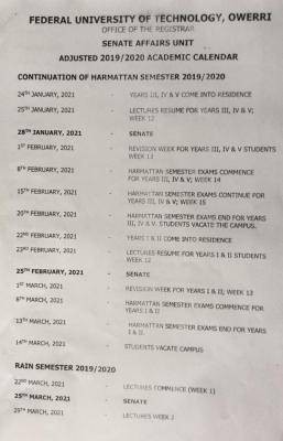 FUTO revised academic calendar for 2019/2020 session