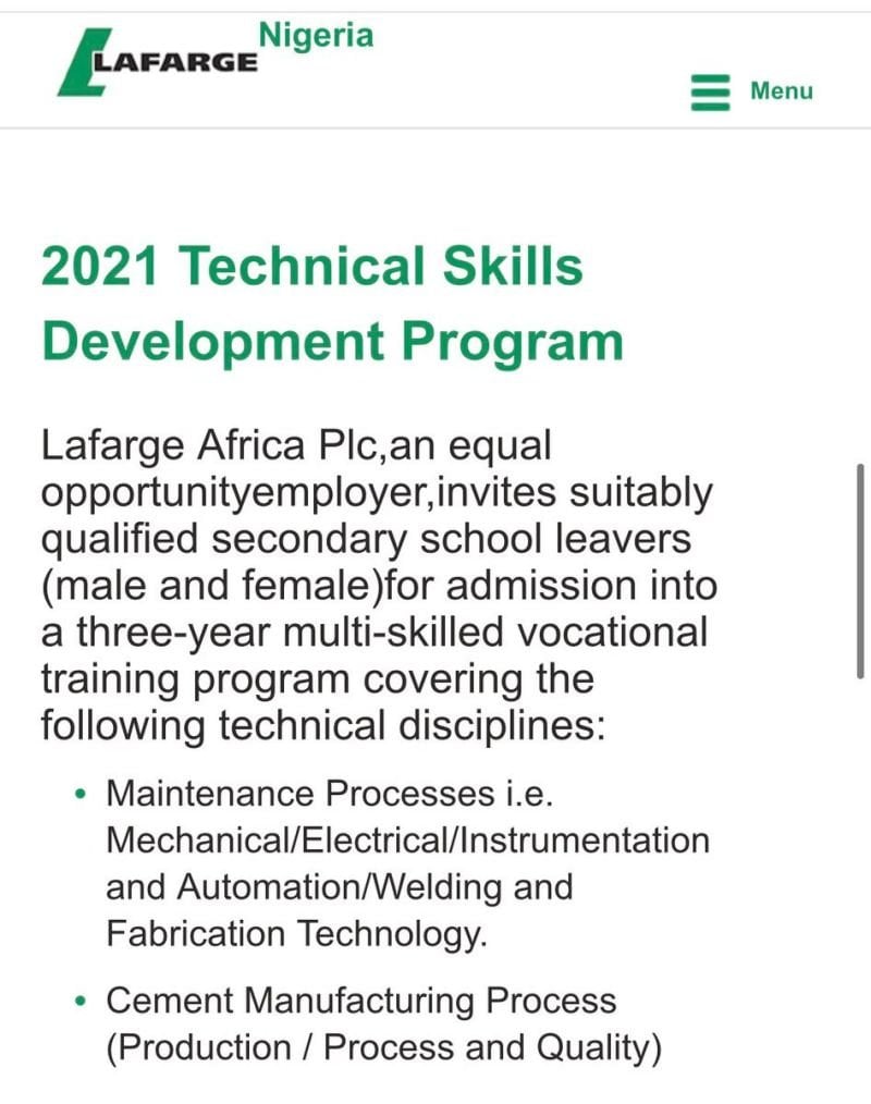 Lafarge 2021 Technical Skills Development Program