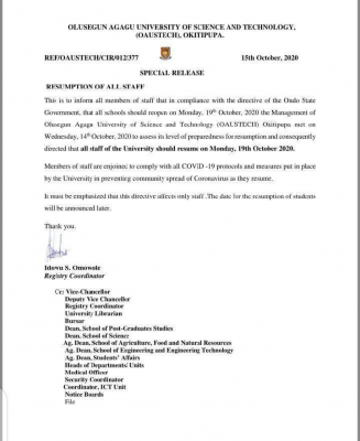 OAUSTECH Notice on Resumption of all Staff