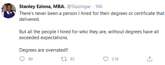 Man Reveals why He Doesn't Hire people with Degrees