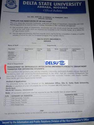 DELSU announces Inter-University/Inter Faculty Transfer application