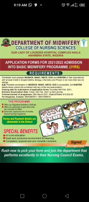 College of Nursing, Ihiala School of Midwifery application form, 2021/2022