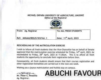 MOUAU reschedules matriculation ceremony