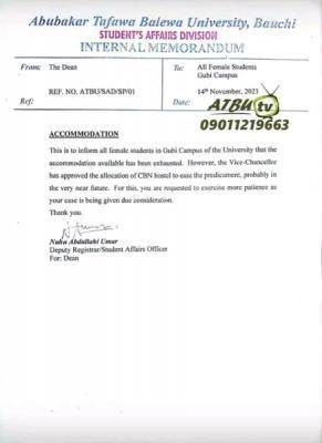 ATBU important notice to female students residing in Gubi Campus of the University