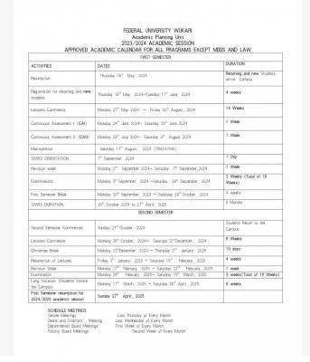 FUWUKARI approved academic calendar, 2023/2024 academic session