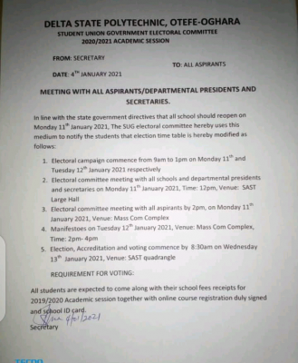 Delta State Polytechnic Otefe-Oghara notice on SUG election