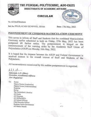 Fed Poly Ado-Ekiti postpones combined matriculation ceremony