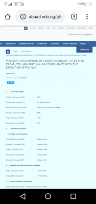 ABUAD notice on resumption and Orientation exercise for new students, 2020/2021 session