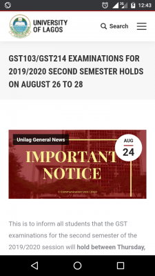 UNILAG notice on GST103/GST214 2nd semester exam, 2019/2020