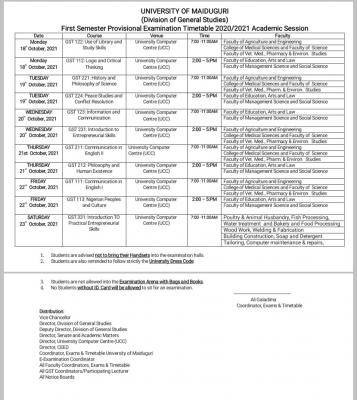 UNIMAID GST 1st semester examination timetable 2020/2021 Session