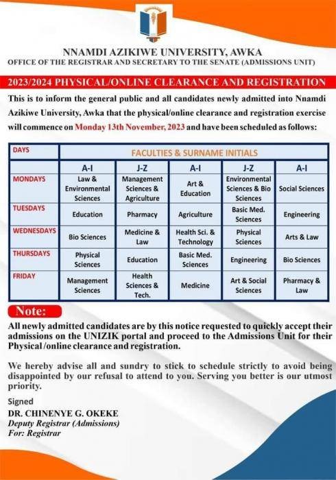 UNIZIK announces clearance and registration for new students, 2023/2024