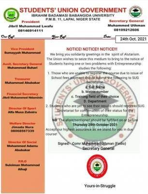 IBBUL SUG notice to students having issues with entrepreneurship course