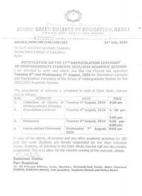 Aminu Saleh COE notice on orientation/matriculation exercise, 2023/2024