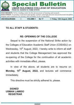 Umar Suleiman College of Education notice on re-opening of the College