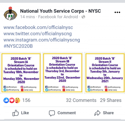 NYSC 2020 Batch B Orientation schedule for three streams