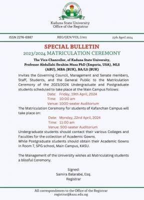 KASU announces matriculation ceremony, 2023/2024