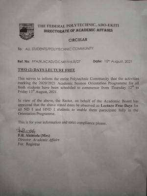 Fed Poly Ado-Ekiti declares lecture free days