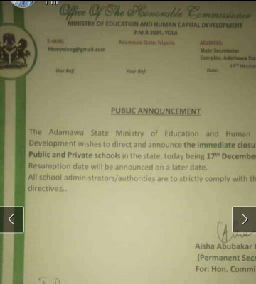 Adamawa State announces closure of schools