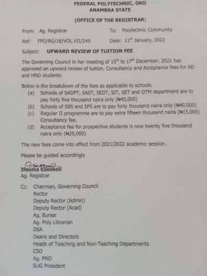 Fed Poly, Oko notice on upward review of school fees