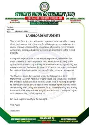 FUDUTSIN-MA SUG notice to students staying off-campus over increment of house rents