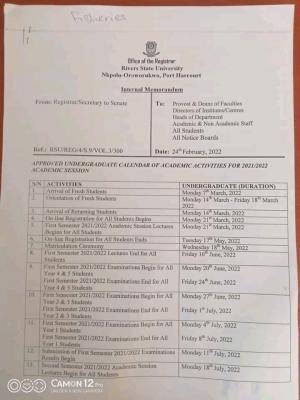 RSUST academic calendar for 2021/2022 session