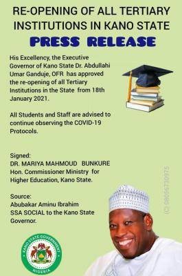 Kano State orders reopening of tertiary institutions