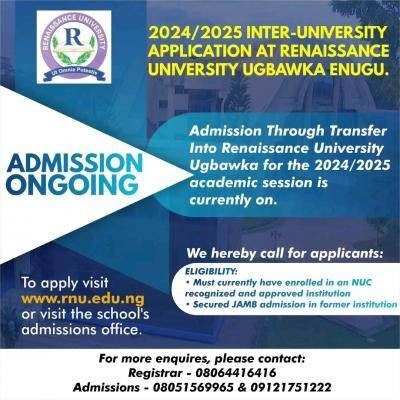 Renaissance University releases inter university application form, 2024/2025