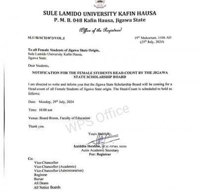 SLU notice to all female students of Jigawa State origin