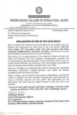 Aminu Saleh COE Azare notice of end of the year break