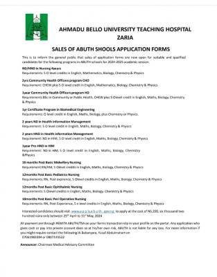 ABUTH Zaria announces sales of school application forms, 2024/2025