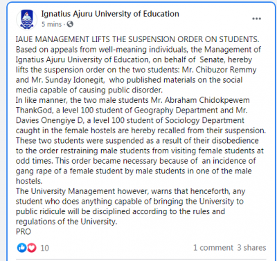 IAUE management lifts the suspension order on students