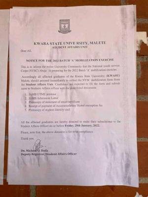 KWASU notice on 2022 Batch A NYSC mobilization