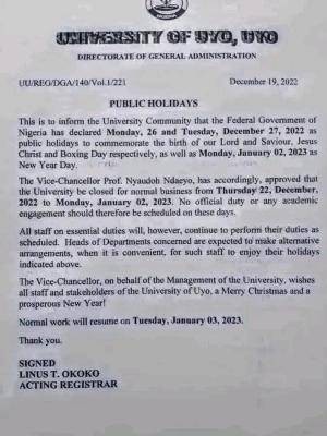 UNIUYO notice on holiday break