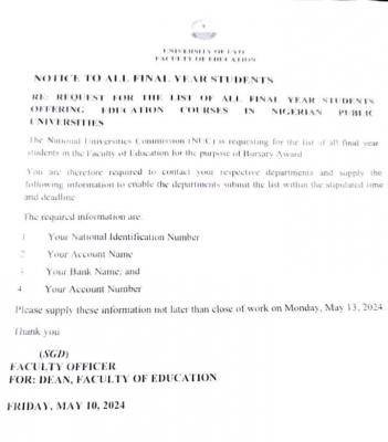 UNIUYO Faculty of Education notice to final year students