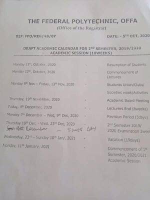 Federal Polytechnic Offa resumption and academic calendar for 2019/2020 session