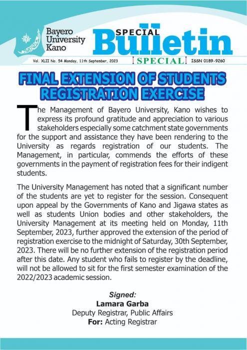 BUK final extension of students registration exercise