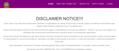 Wesley University disclaimer notice to the public
