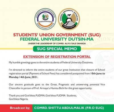 FUDMA extends school fees payment and registration deadline