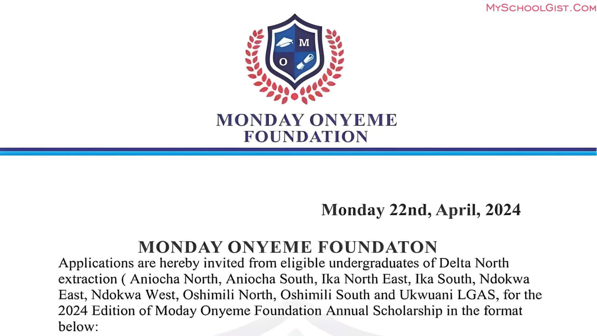 Apply for the Monday Onyeme Foundation Scholarship 2024