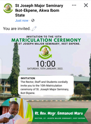 St Joseph Major Seminary,  Ikot Ekpene 10th Matriculation Ceremony