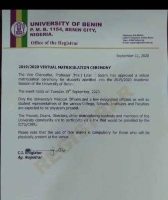 UNIBEN announces virtual matriculation ceremony for 2019/2020 session