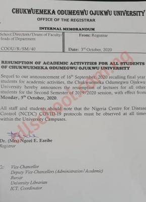 COOU Resumption Date for Completion of 2019/2020 Session