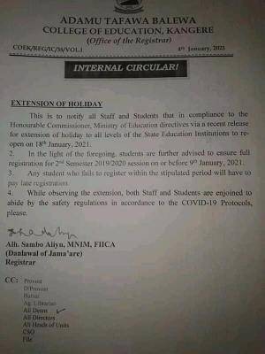 Adamu Tafawa COE notice on extension of holiday