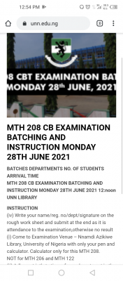 UNN MTH 208 CB examination batching and instructions for 28th June, 2021