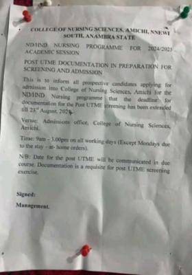 College of Nursing Amichi extends deadline for Post UTME documentation, 2024/2025