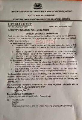 Delta University Ozoro notice on Remedial rxamination